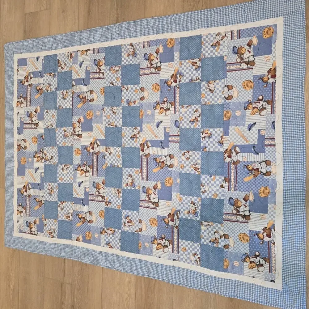 Friendship batter up vintage quilt boys bear blue 48x65 A18
